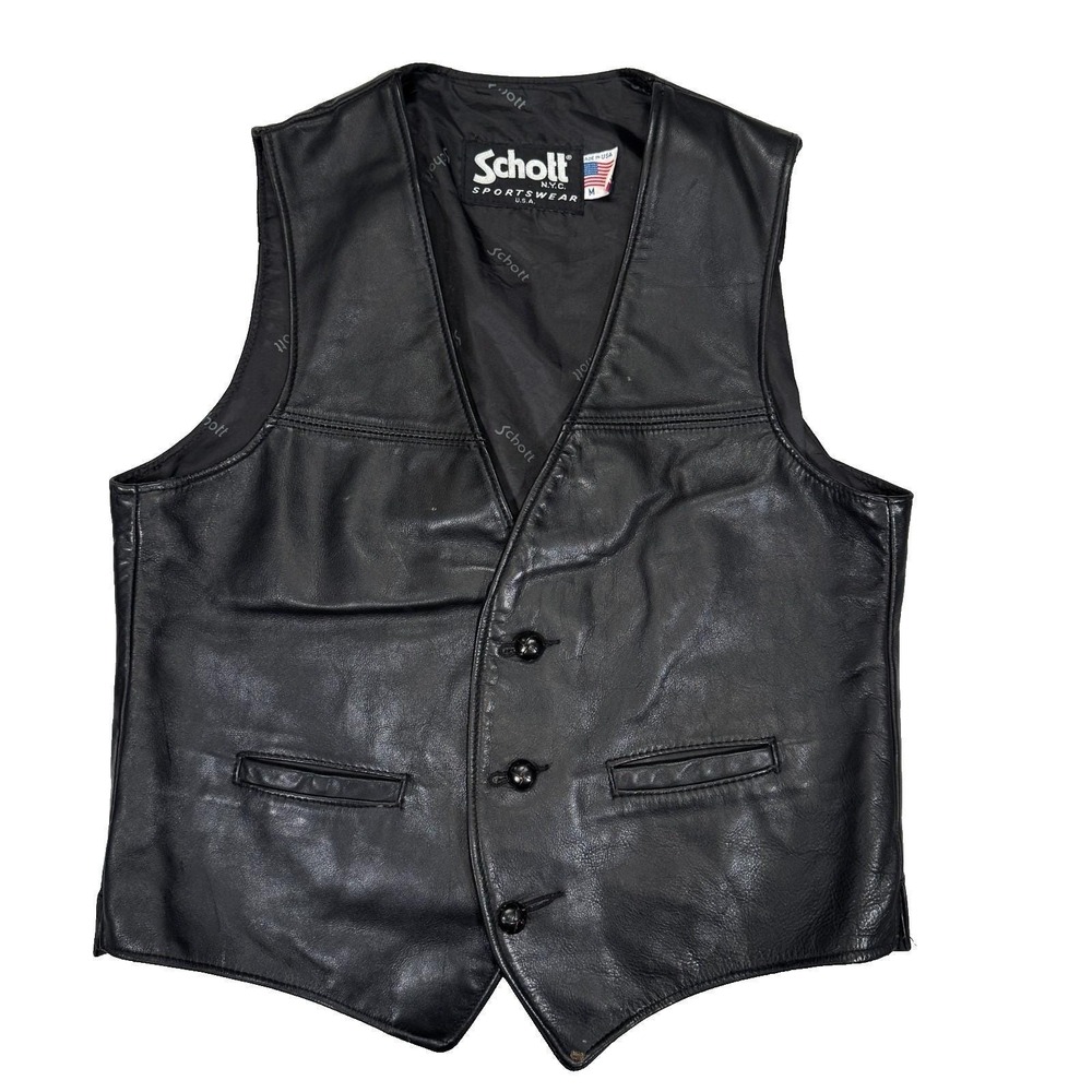 Schott NYC Leather Vest Mens Medium Black Motorcycle Biker 80s Vintage Made USA